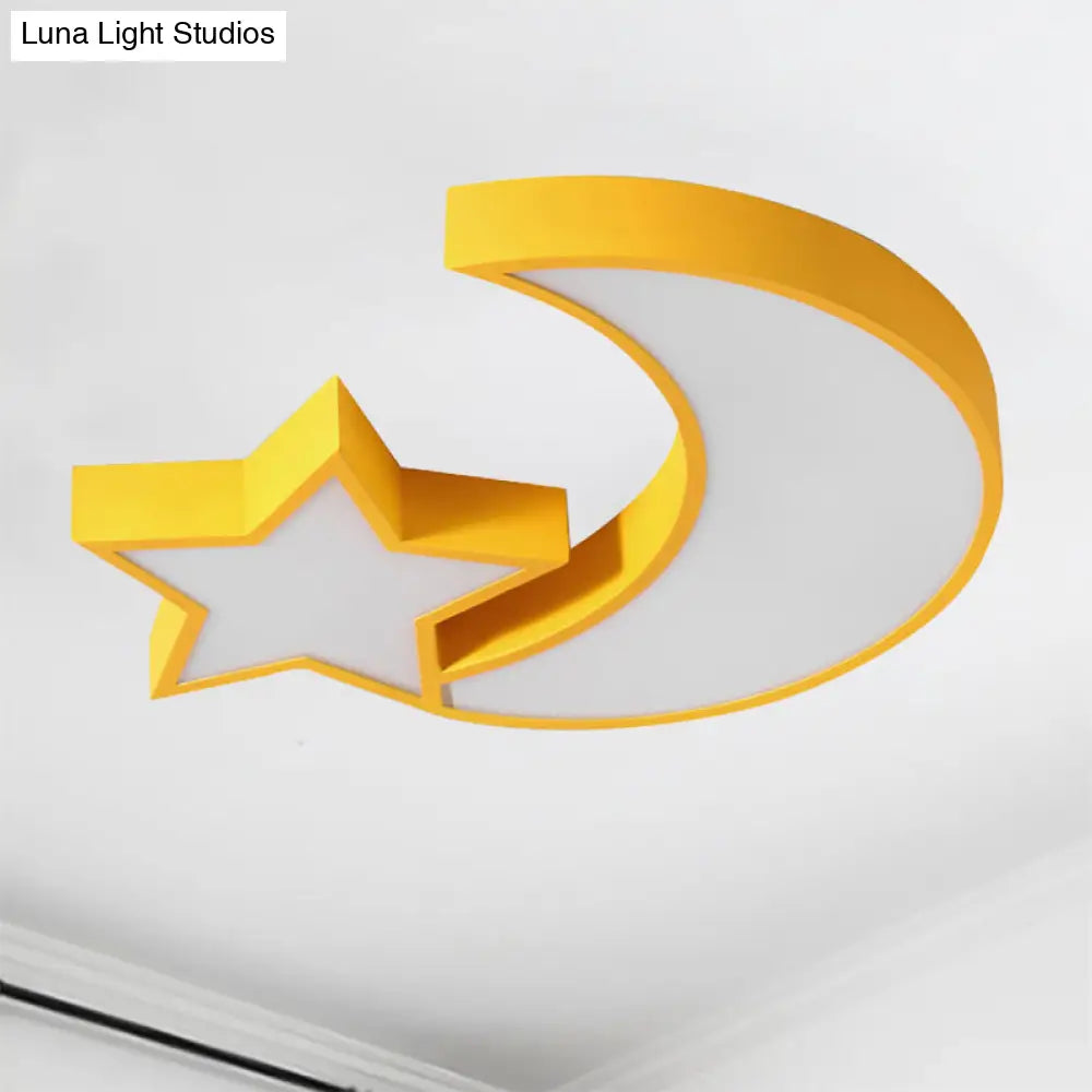Kid’s Bedroom Led Ceiling Lamp - Metal Acrylic Flush Mount Light With Star & Moon Design