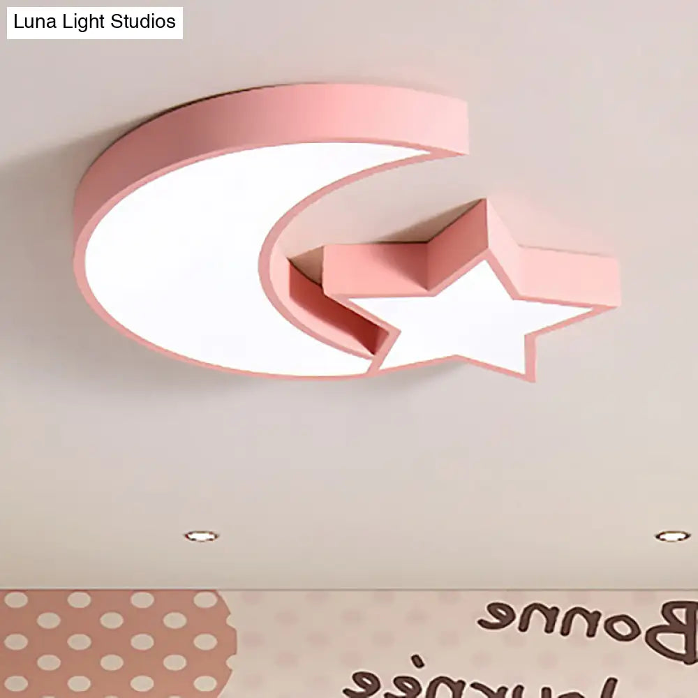 Kid’s Bedroom Led Ceiling Lamp - Metal Acrylic Flush Mount Light With Star & Moon Design