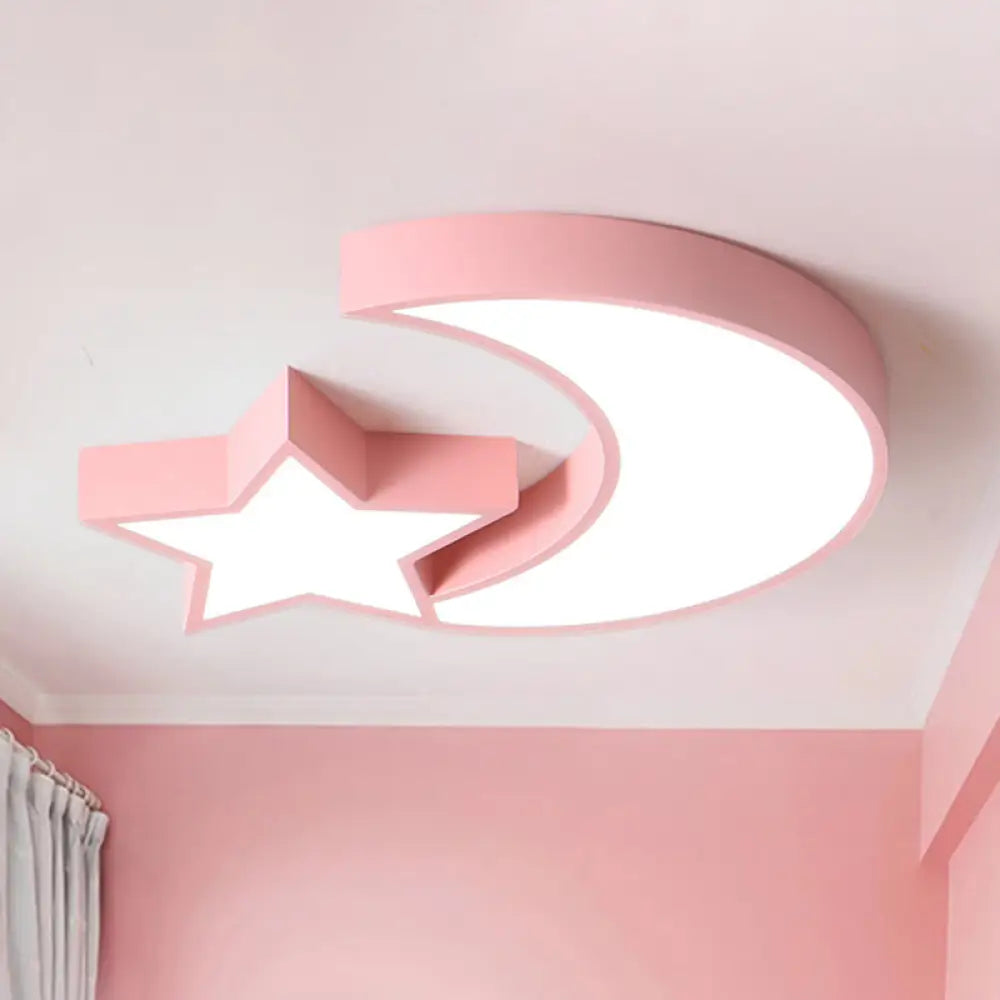 Kid’s Bedroom Led Ceiling Lamp - Metal Acrylic Flush Mount Light With Star & Moon Design Pink /