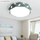 Kid’s Bedroom Octagon Shade Flush Ceiling Light With Leaf Macaron Design - Acrylic Led Lamp