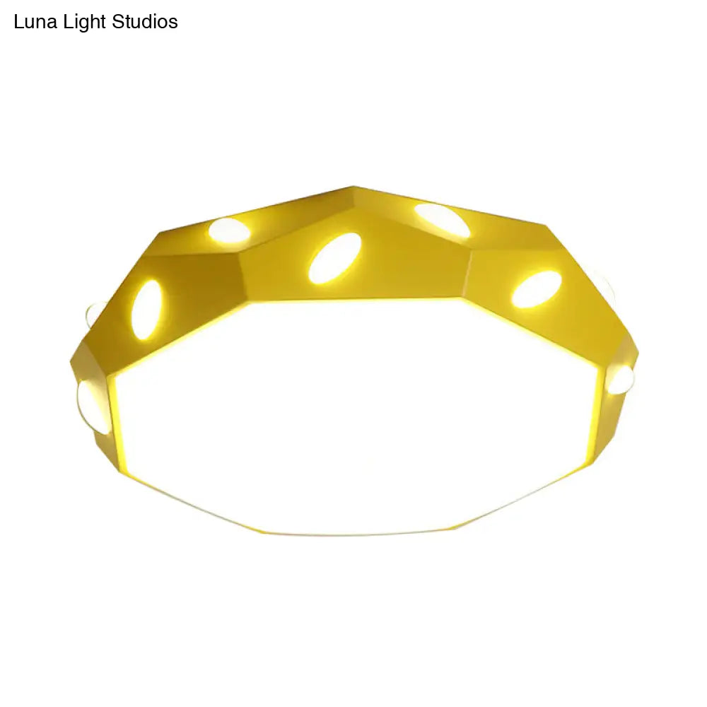 Kid’s Bedroom Octagon Shade Flush Ceiling Light With Leaf Macaron Design - Acrylic Led Lamp