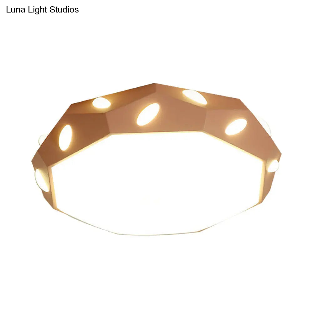 Kid’s Bedroom Octagon Shade Flush Ceiling Light With Leaf Macaron Design - Acrylic Led Lamp