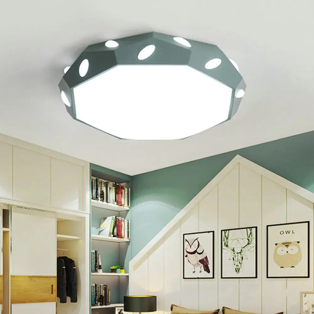 Kid’s Bedroom Octagon Shade Flush Ceiling Light With Leaf Macaron Design - Acrylic Led Lamp Green
