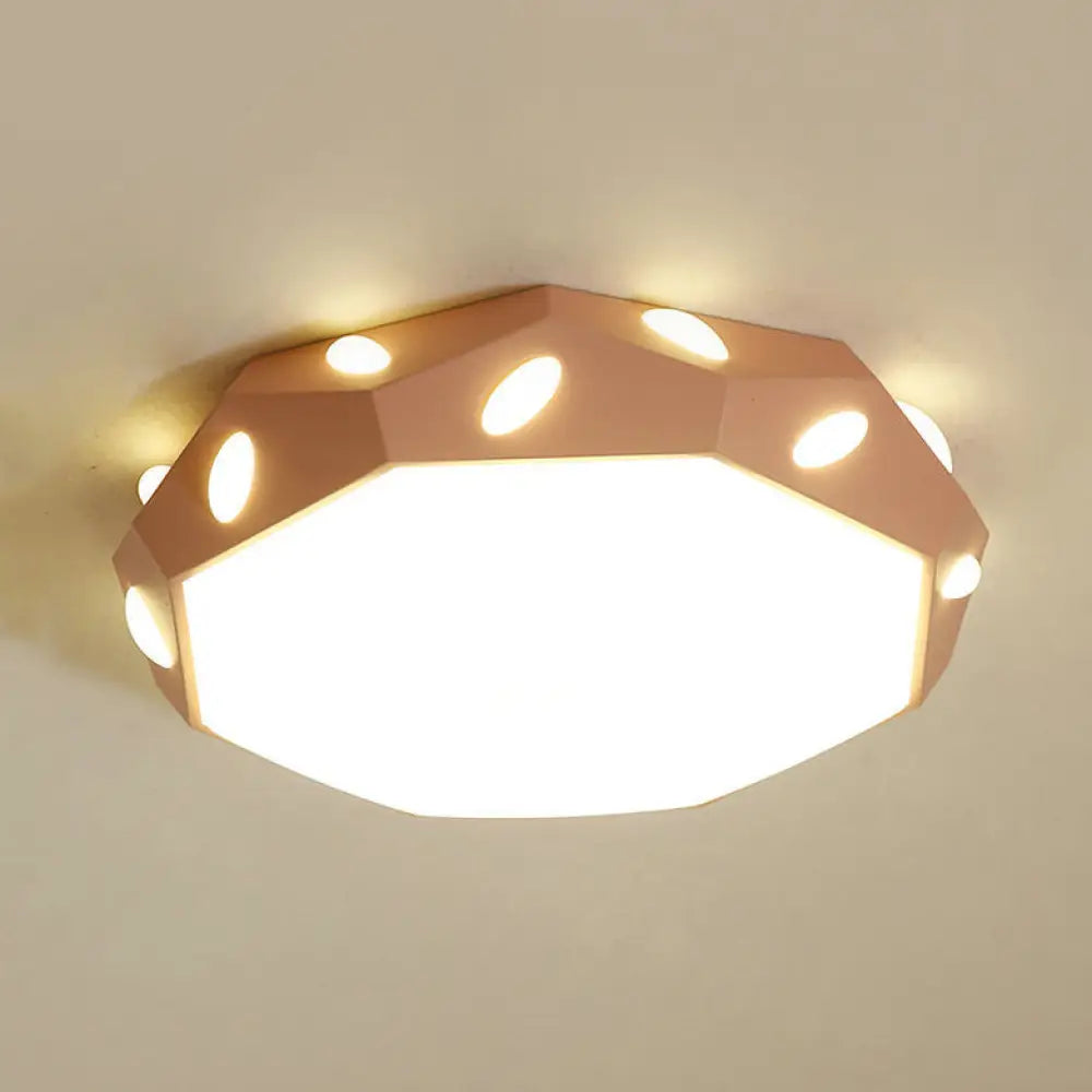 Kid’s Bedroom Octagon Shade Flush Ceiling Light With Leaf Macaron Design - Acrylic Led Lamp Pink