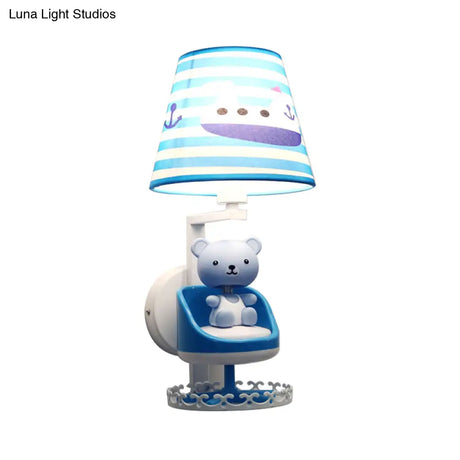 Kids Blue Wall Light With Nursing Room Toy Bear And Ship Fabric