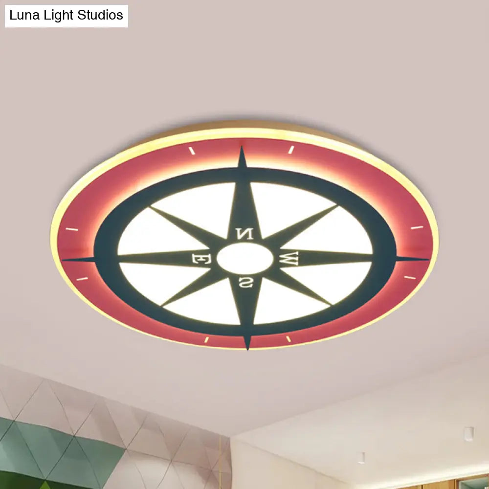 Kids Cartoon Compass Led Flush Mount Light: Red Acrylic Ceiling Lamp For Nurseries