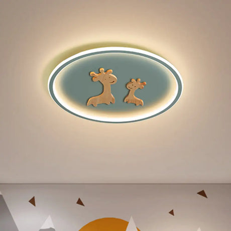 Kids Deer Pattern Oval Flush Mount Light - Acrylic Led Ceiling Lamp For Bedroom (Blue/Pink/Black)