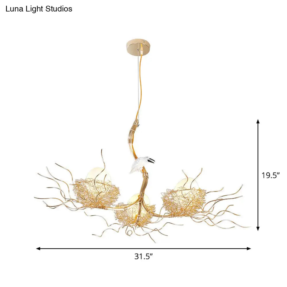 Kids Gold Chandelier - Cafe Thin Branch Pendant Lighting With Egg & Bird Accents 3 Metal Lights
