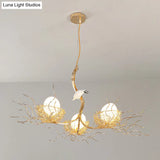 Kids Gold Chandelier - Cafe Thin Branch Pendant Lighting With Egg & Bird Accents 3 Metal Lights