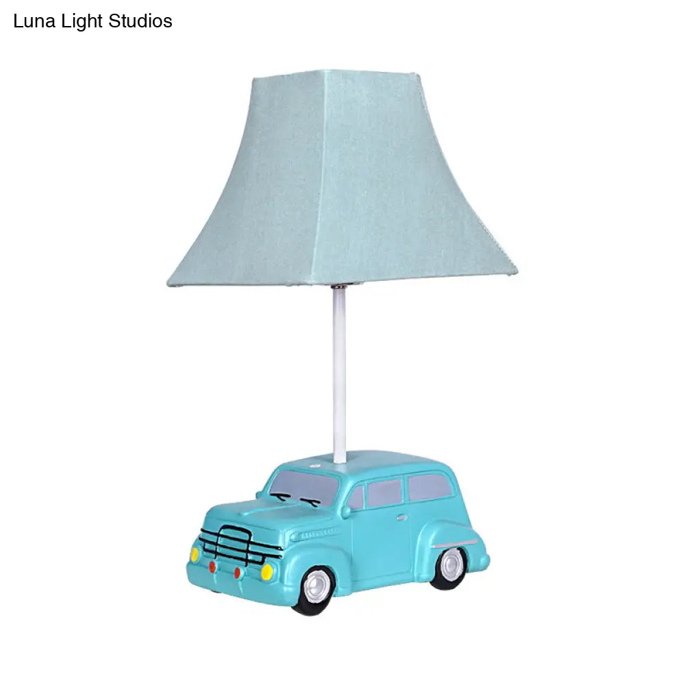 Kids Green Car Resin Table Lamp With Pagoda Fabric Shade - 1 Bulb Nightstand Lighting