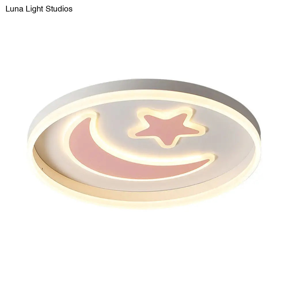 Kids Led Bedroom Flush Mount Moon And Star Light Fixture In White/Pink/Blue Acrylic Shade