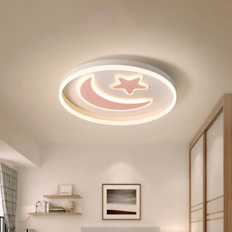 Kids Led Bedroom Flush Mount Moon And Star Light Fixture In White/Pink/Blue Acrylic Shade Pink