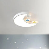 Kids Led Ceiling Light: White/Yellow Crescent & Star Flush Mount Lamp With Acrylic Shade White