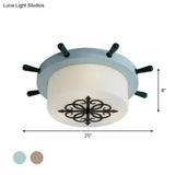 Kids’ Led Ceiling Light With White Glass Drum And Rudder Blue/Brown Canopy