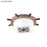 Kids’ Led Ceiling Light With White Glass Drum And Rudder Blue/Brown Canopy
