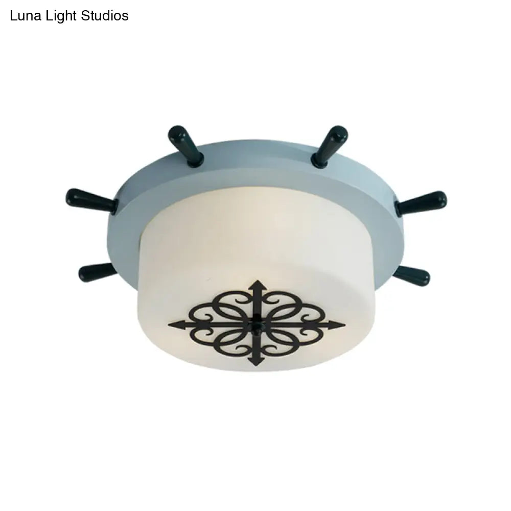 Kids’ Led Ceiling Light With White Glass Drum And Rudder Blue/Brown Canopy