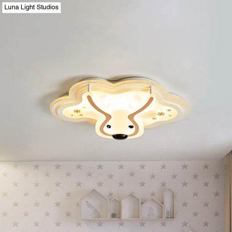 Kids’ Led Flush Ceiling Light - Deer Patterned Cloud Acrylic Bedroom Lamp In White