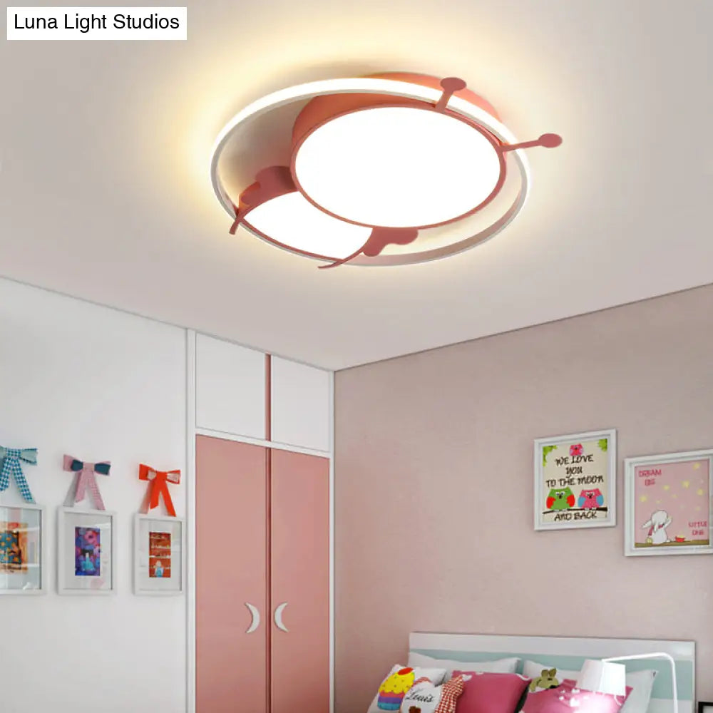 Kids Led Flush Mount Lamp With Metal Ring - Pink/Yellow Pendant Light Featuring Acrylic Bee Shade