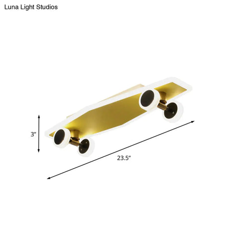 Kid’s Led Gold Skateboard Ceiling Light For Boys Bedroom - Acrylic Flush Mount Fixture
