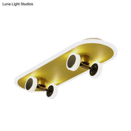 Kid’s Led Gold Skateboard Ceiling Light For Boys Bedroom - Acrylic Flush Mount Fixture