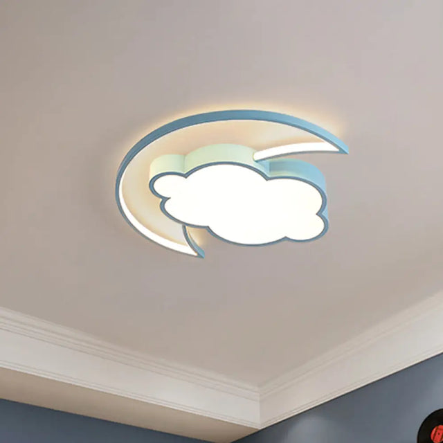Kid’s Led Moon And Cloud Flushmount Ceiling Light In Blue/Pink Blue