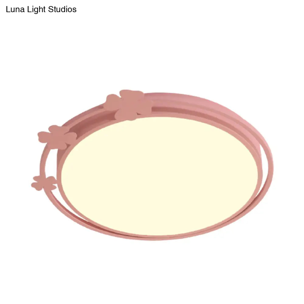 Kid’s Led Pink Flushmount Light With Metallic Round Shape Clover Deco In White/Warm