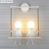 Kids Metal Sconce Light: Black/White/Red Little People 2 Lights Wall Fixture For Living Room