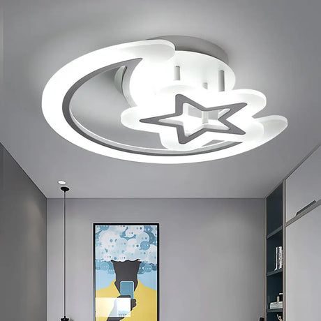 Kids’ Moon And Star Ceiling Lamp - White Led Semi Flush Mount For Bedroom / 19.5’