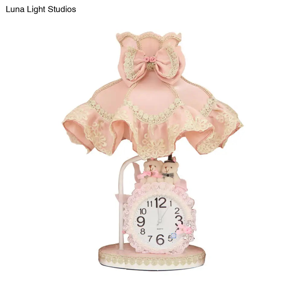 Kids Pink Scalloped Nightstand Light With Fabric Shade Clock And 1 Bulb