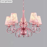 Kids Pink Tapered Shade Chandelier - 5 Light Metal Hanging Lamp For Living Room