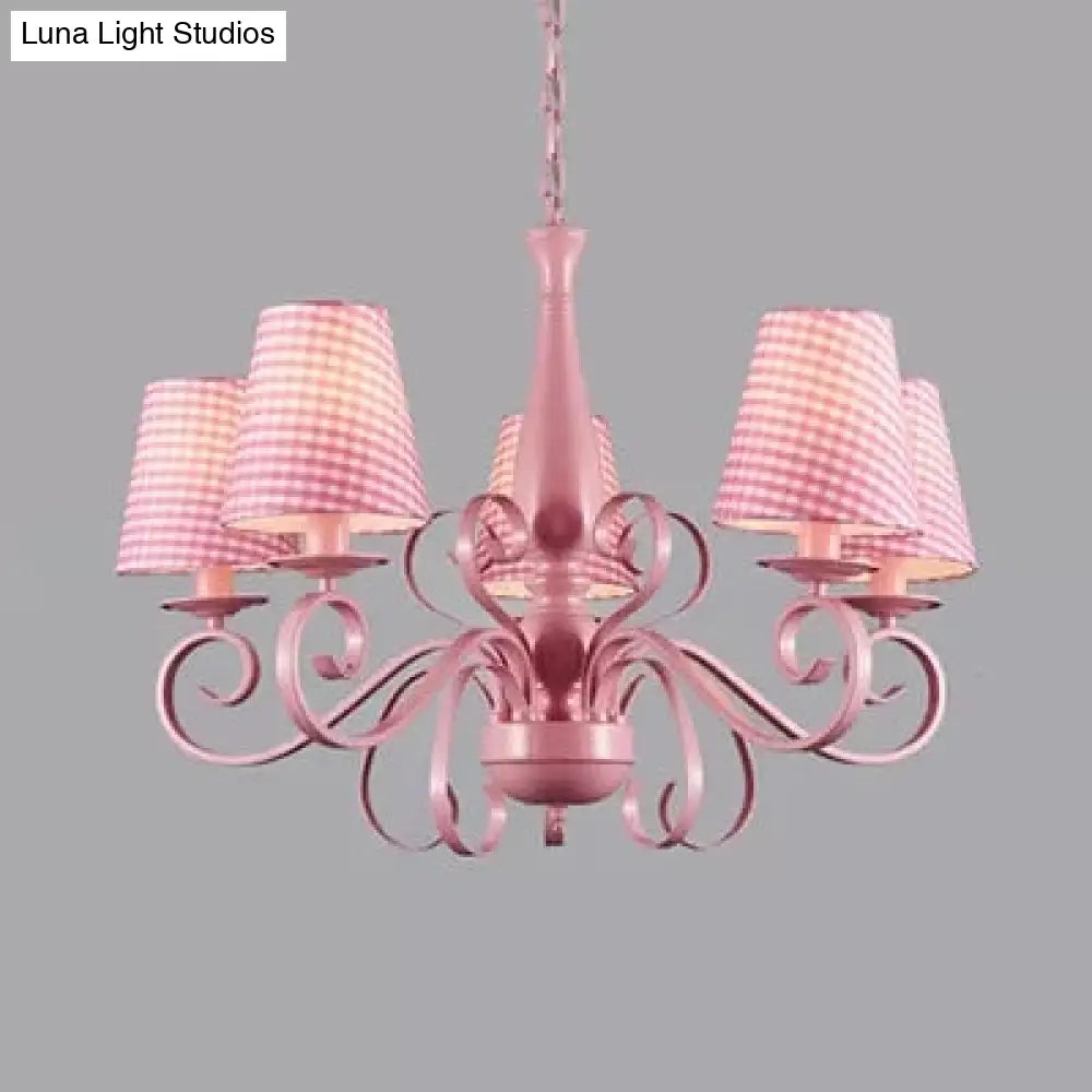 Kids Pink Tapered Shade Chandelier - 5 Light Metal Hanging Lamp For Living Room