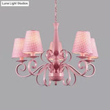 Kids Pink Tapered Shade Chandelier - 5 Light Metal Hanging Lamp For Living Room