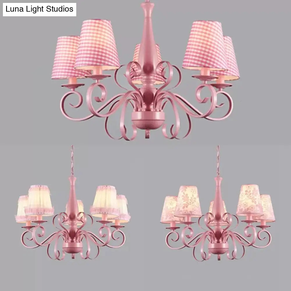 Kids Pink Tapered Shade Chandelier - 5 Light Metal Hanging Lamp For Living Room