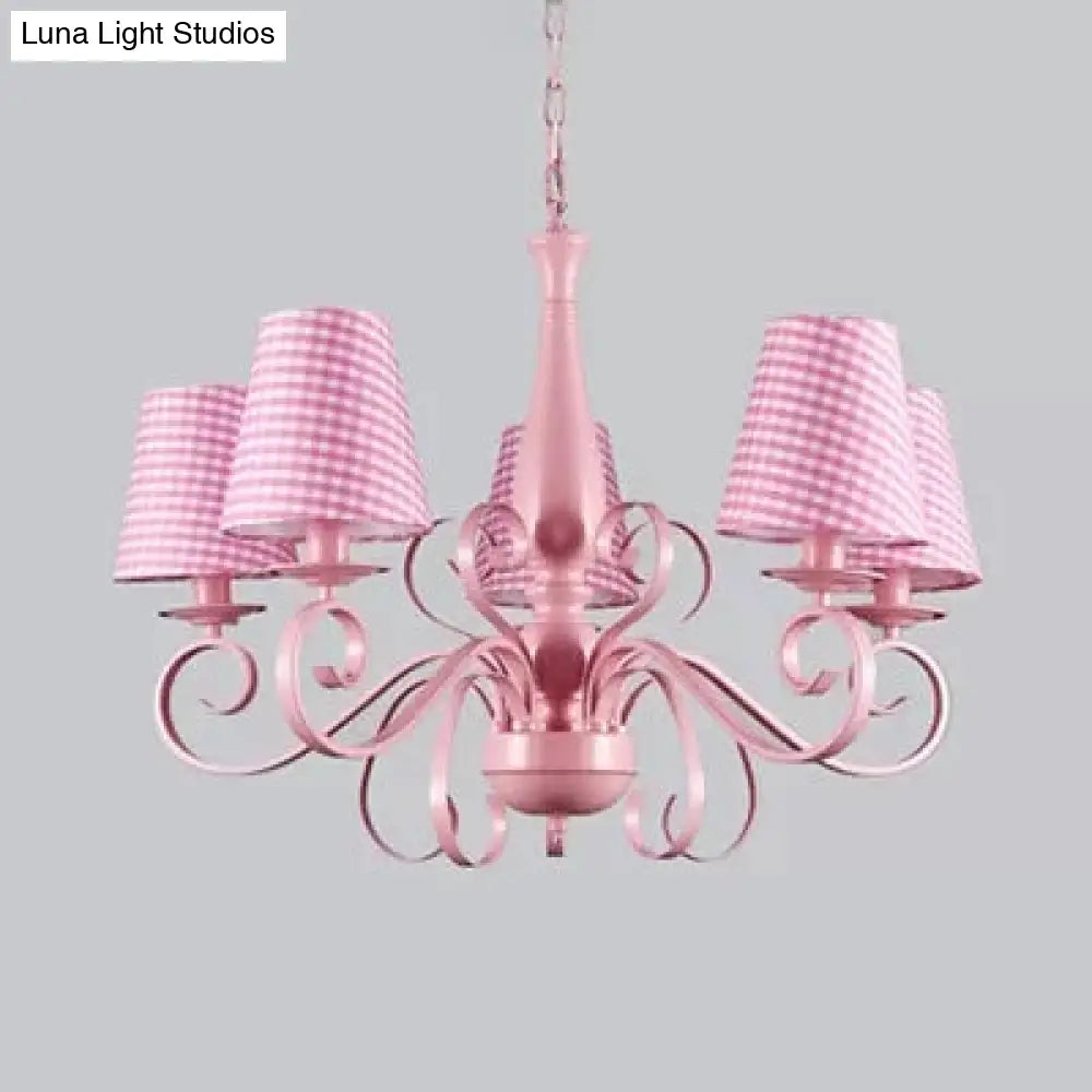 Kids Pink Tapered Shade Chandelier - 5 Light Metal Hanging Lamp For Living Room