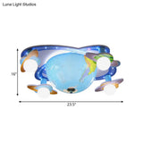 Kids Rotatable Earth Orbit Flush Ceiling Light - Blue Mount Fixture With Acrylic 4 Bulbs White Base