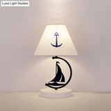 Kids Single-Bulb White Nightstand Lamp With Empire Shade Sailing Boat Decor & Fabric Table Lighting