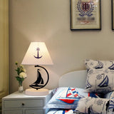 Kids Single-Bulb White Nightstand Lamp With Empire Shade Sailing Boat Decor & Fabric Table Lighting
