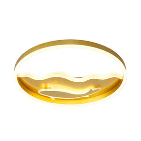 Kids Style Super Thin Led Flush - Mount Ceiling Light With Fish/Apple Pattern In Gold - Acrylic
