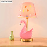 Kids Style Swan Pattern Fabric Nightstand Lamp - Quirky Single Table Lighting With Decorative Bucket