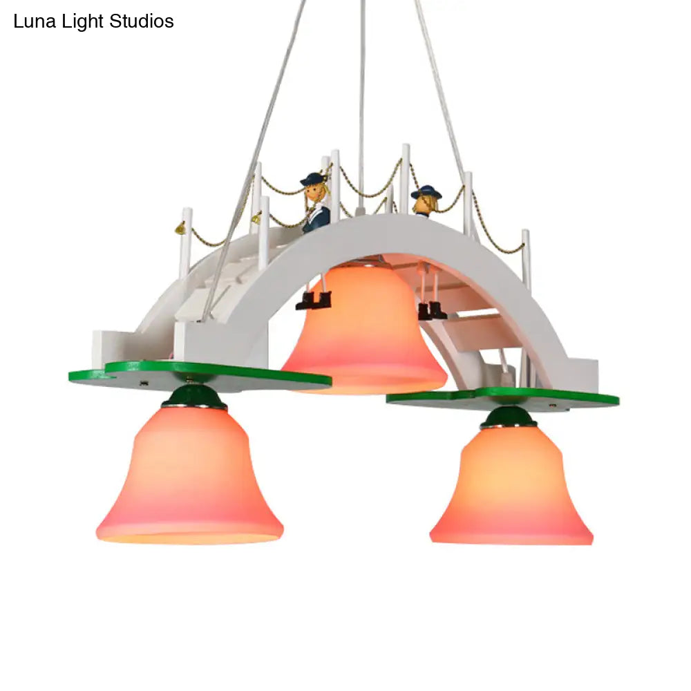 Kids Wooden Bridge Pink Glass Bell Chandelier Pendant - 3-Light Down Lighting