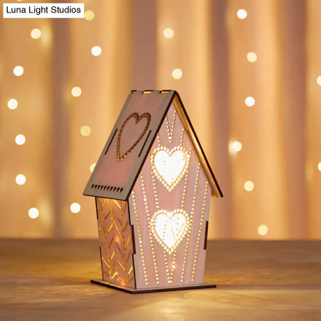Kids Wooden Usb Led Table Night Light With Loving Heart/Star/Flower Pattern - Brown Lodge Small Size