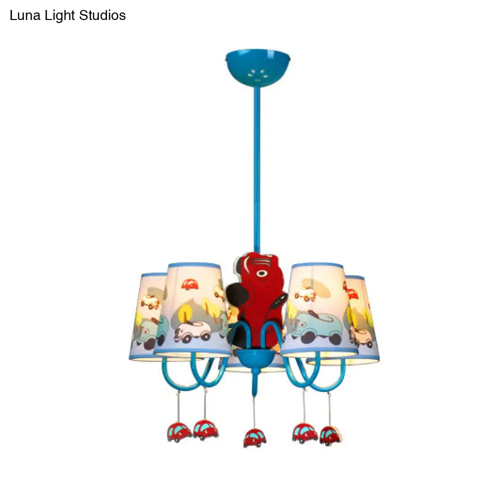 Kindergarten Blue Fabric Cartoon Chandelier Ceiling Lamp With Tapered Shade