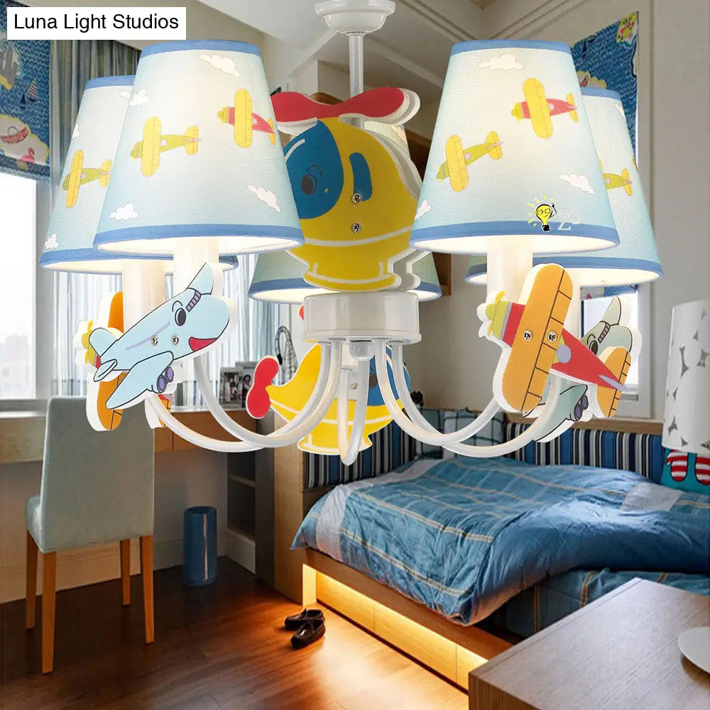Kindergarten Blue Fabric Cartoon Chandelier Ceiling Lamp With Tapered Shade