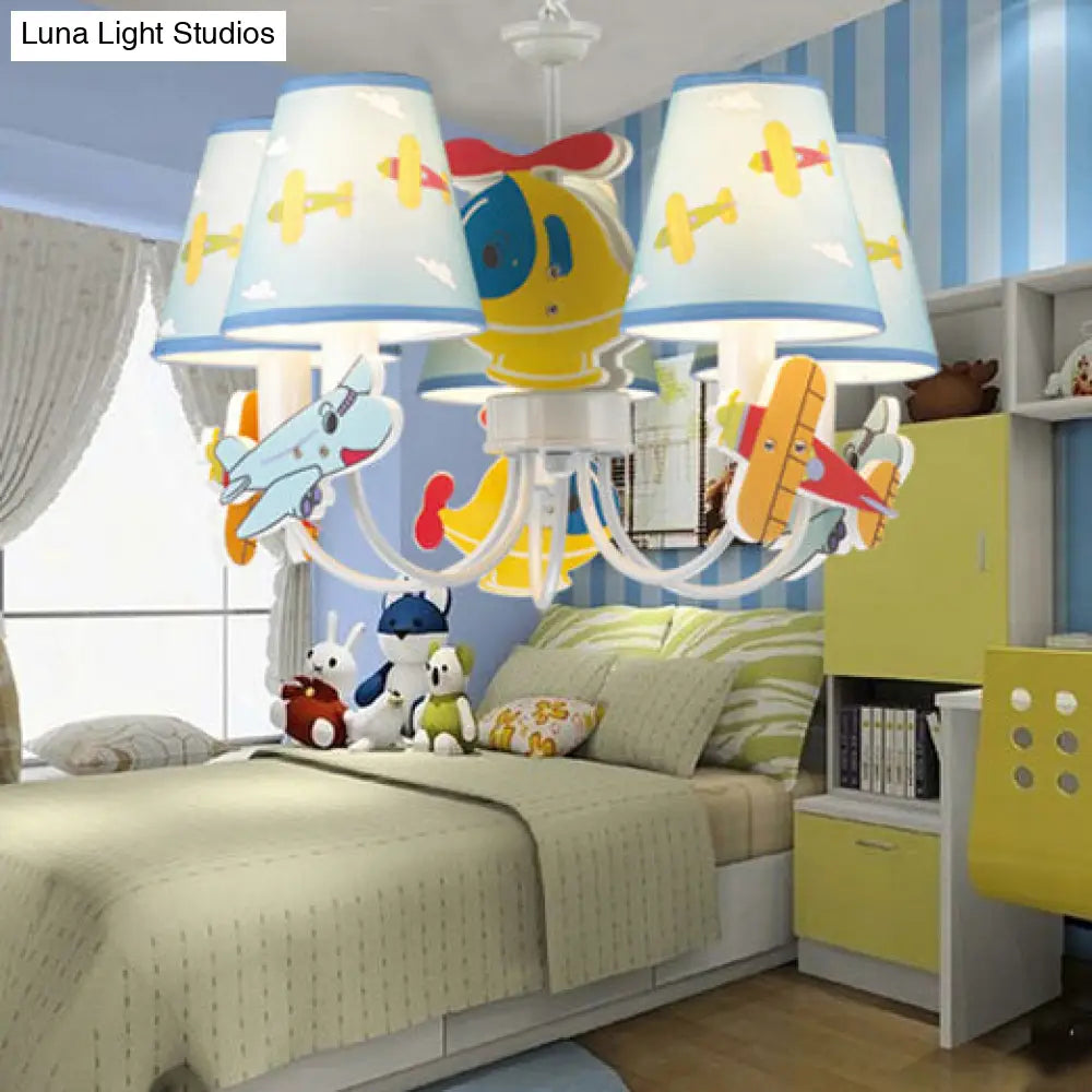 Kindergarten Blue Fabric Cartoon Chandelier Ceiling Lamp With Tapered Shade