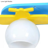 Kindergarten Ceiling Light: Cartoon Wood Flush Mount Propeller Plane Fixture - Blue (3 Bulbs)