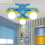 Kindergarten Ceiling Light: Cartoon Wood Flush Mount Propeller Plane Fixture - Blue (3 Bulbs)