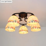 Kitchen Semi Flush Tiffany Beige/White Ceiling Light With Dome Shell Shade - 5 Lights