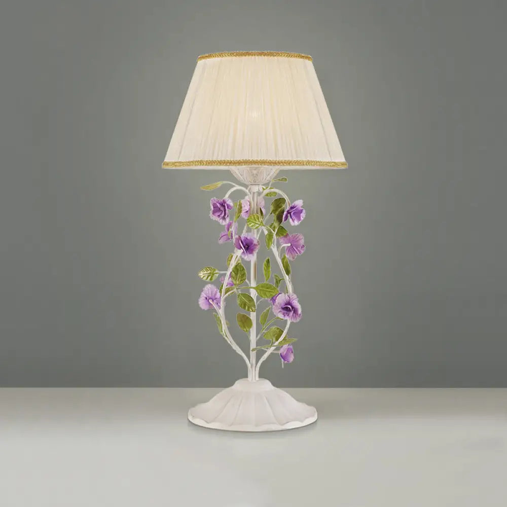 Korean Flower 1-Head Nightstand Lamp With White Fabric Shade For Bedroom