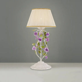 Korean Flower 1-Head Nightstand Lamp With White Fabric Shade For Bedroom