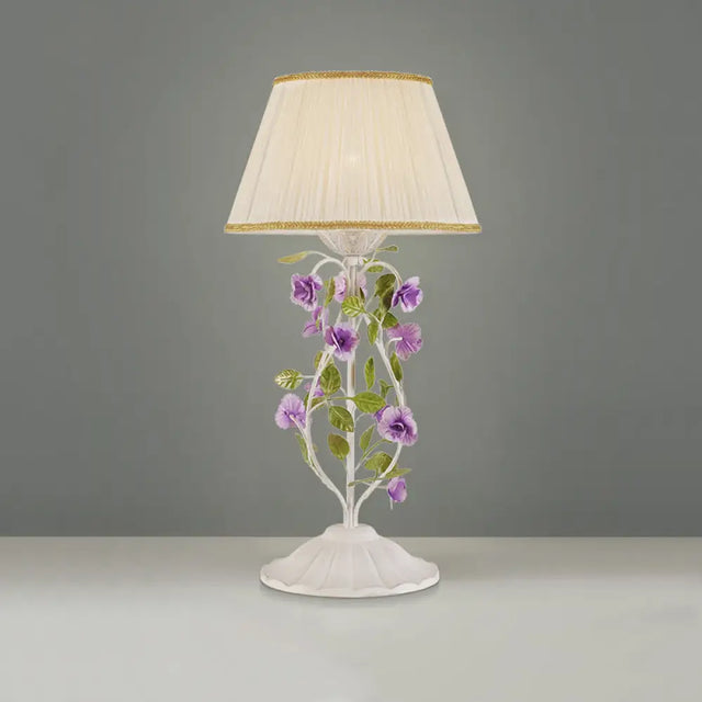 Korean Flower 1-Head Nightstand Lamp With White Fabric Shade For Bedroom